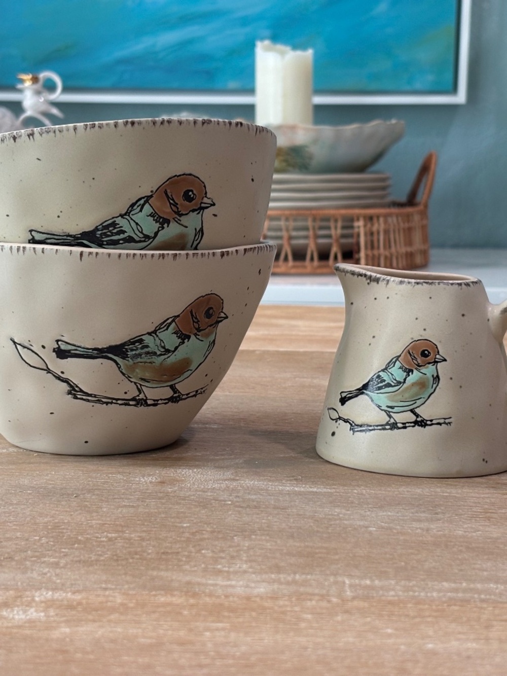 InHomestylez Easter Bird Cream 3-Piece Set: 2 Bowls & Unused Creamer Pitcher